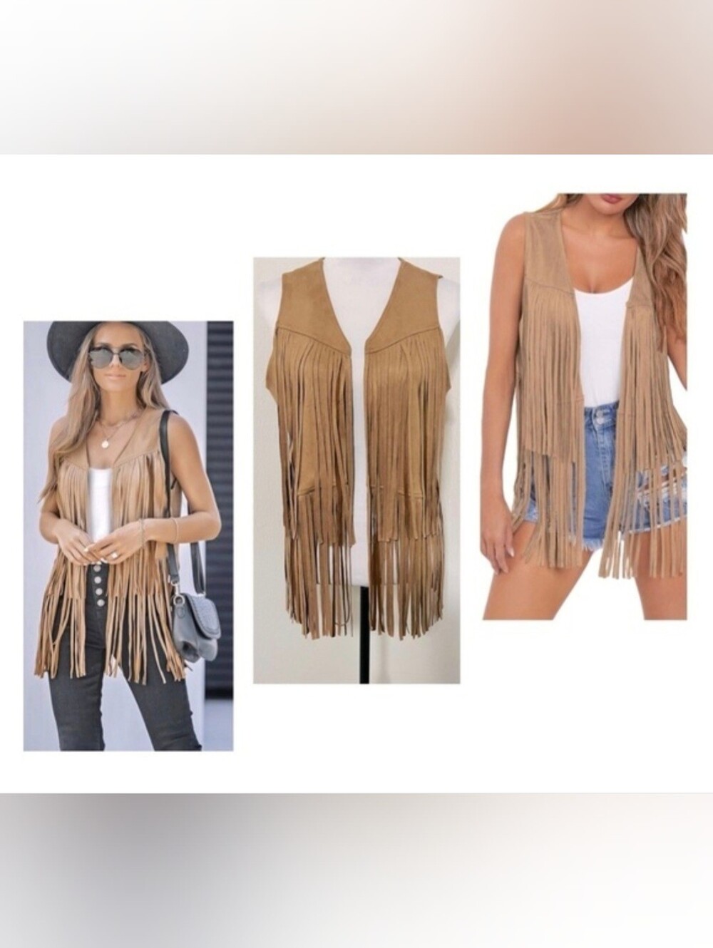Dokotoo Western Hippie Cowgirl Festival Tan Suede Fringe Vest